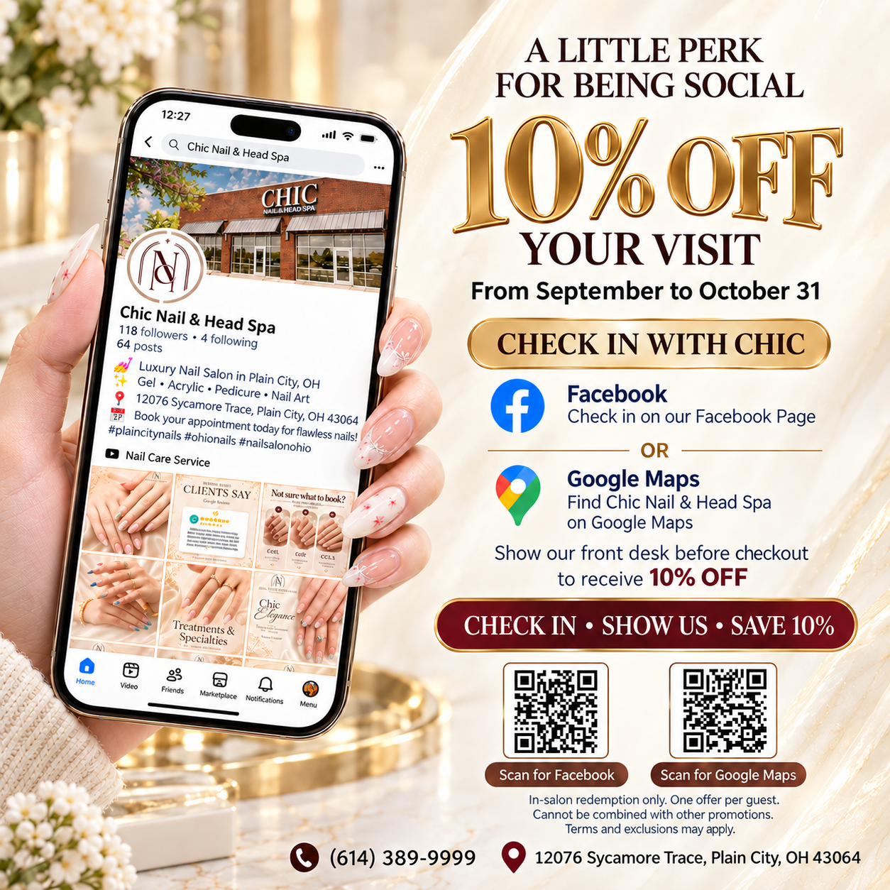 Chic Nail & Head Spa social check-in offer: receive 10% off your visit through October 31 by checking in on Facebook or Google Maps and showing the front desk before checkout.